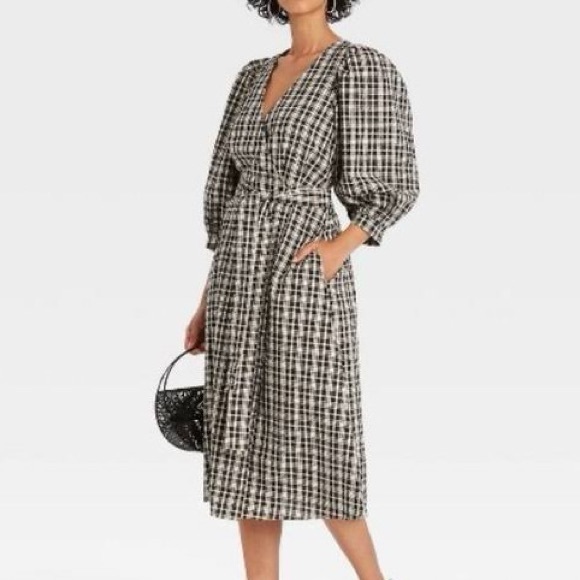 a new day Dresses & Skirts - A New Day Size M Midi Black & White Gingham Faux Wrap Dress with Puff Sleeve ♠️